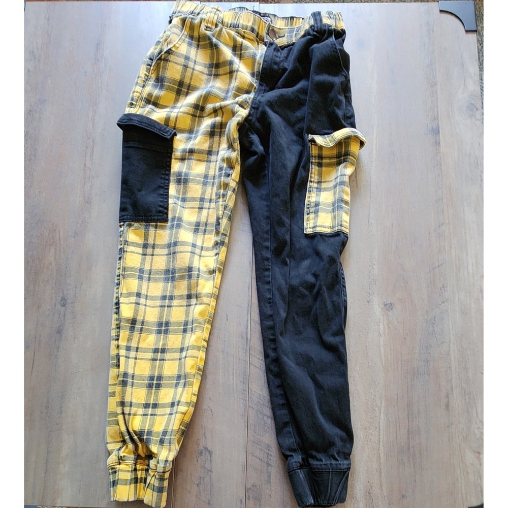 Hot Topic Yellow And Black Plaid And Block Colors Cargo Jogger Pants Women's S